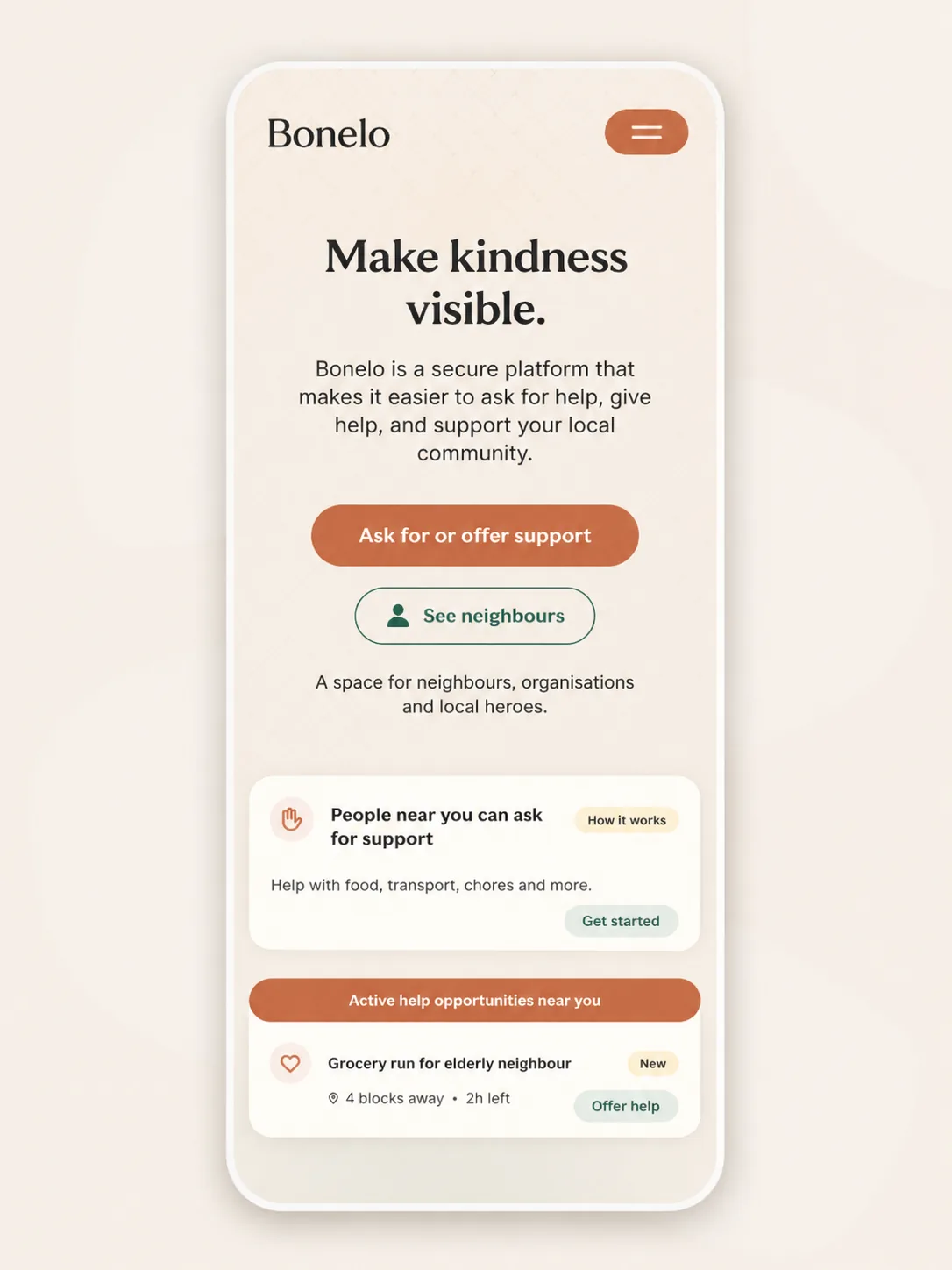Bonelo mobile website concept showing the Make kindness visible introduction and support actions